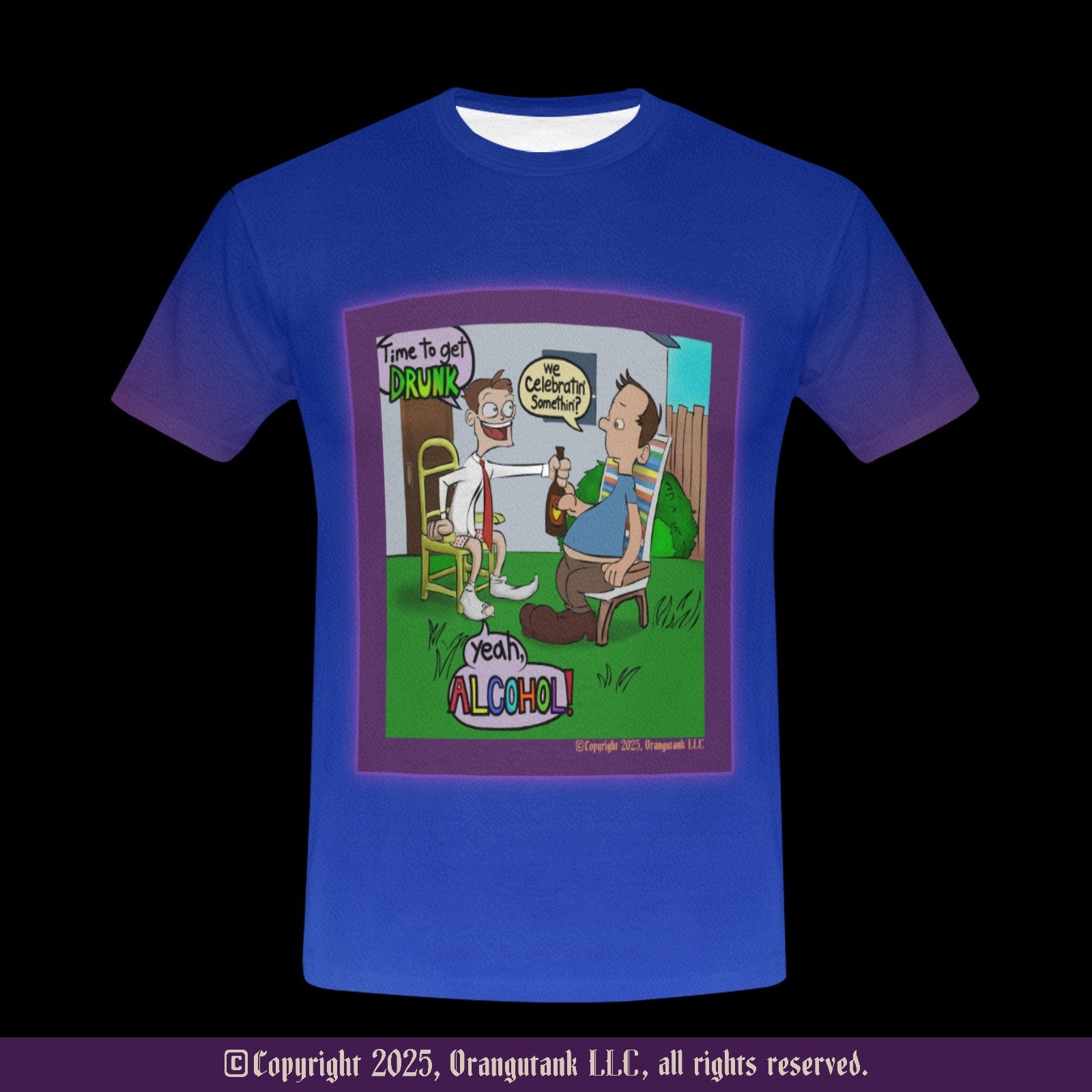 Blue t-shirt with a cartoon graphic on a black background