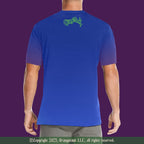 Blue t-shirt with a green logo on the back against a purple background