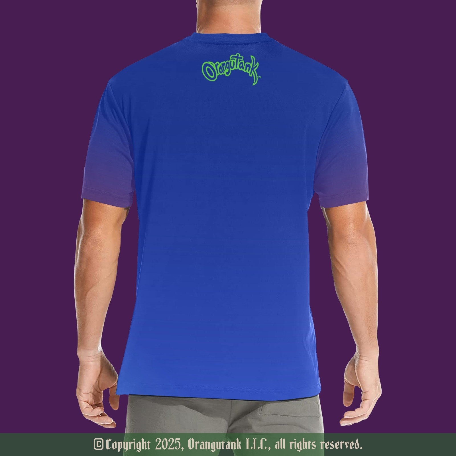 Blue t-shirt with a green logo on the back against a purple background