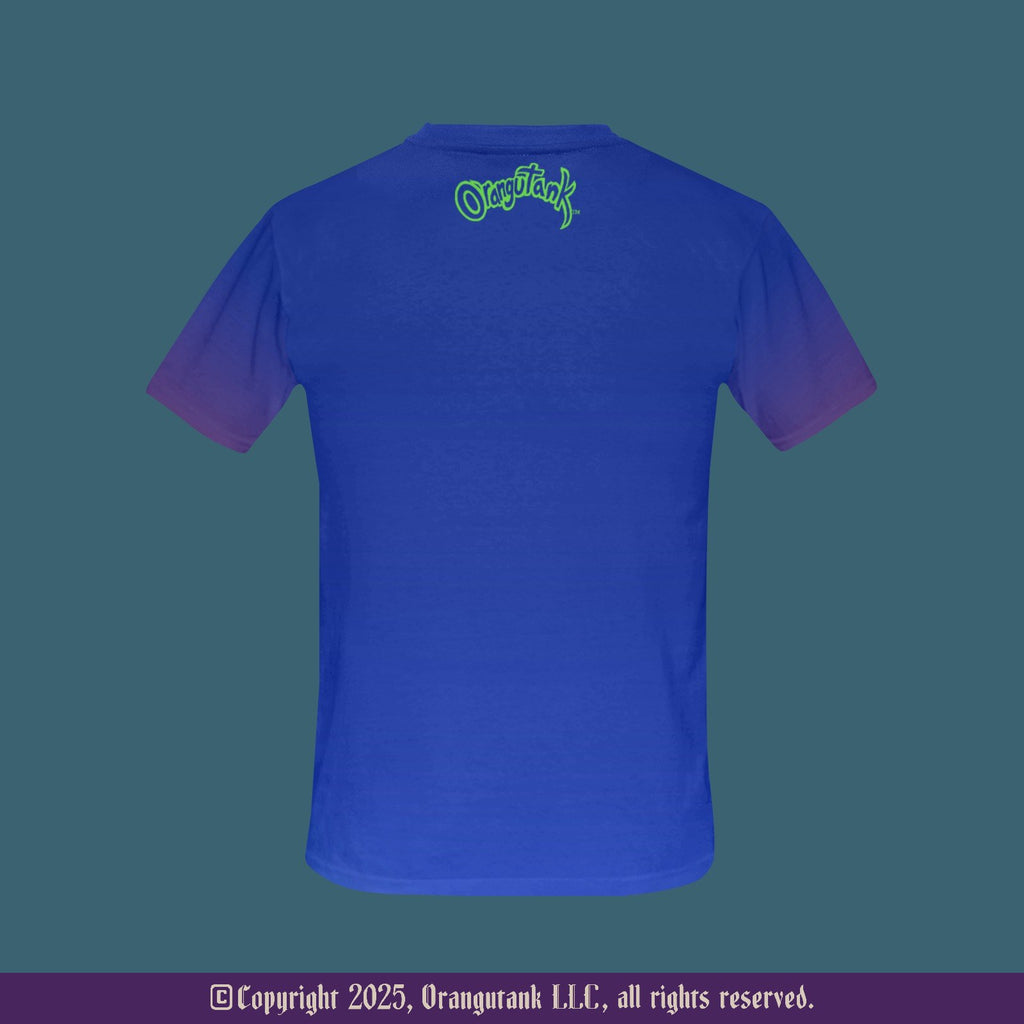 Blue t-shirt with green logo on the back against a dusty teal background