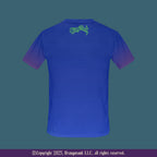 Blue t-shirt with green logo on the back against a dusty teal background