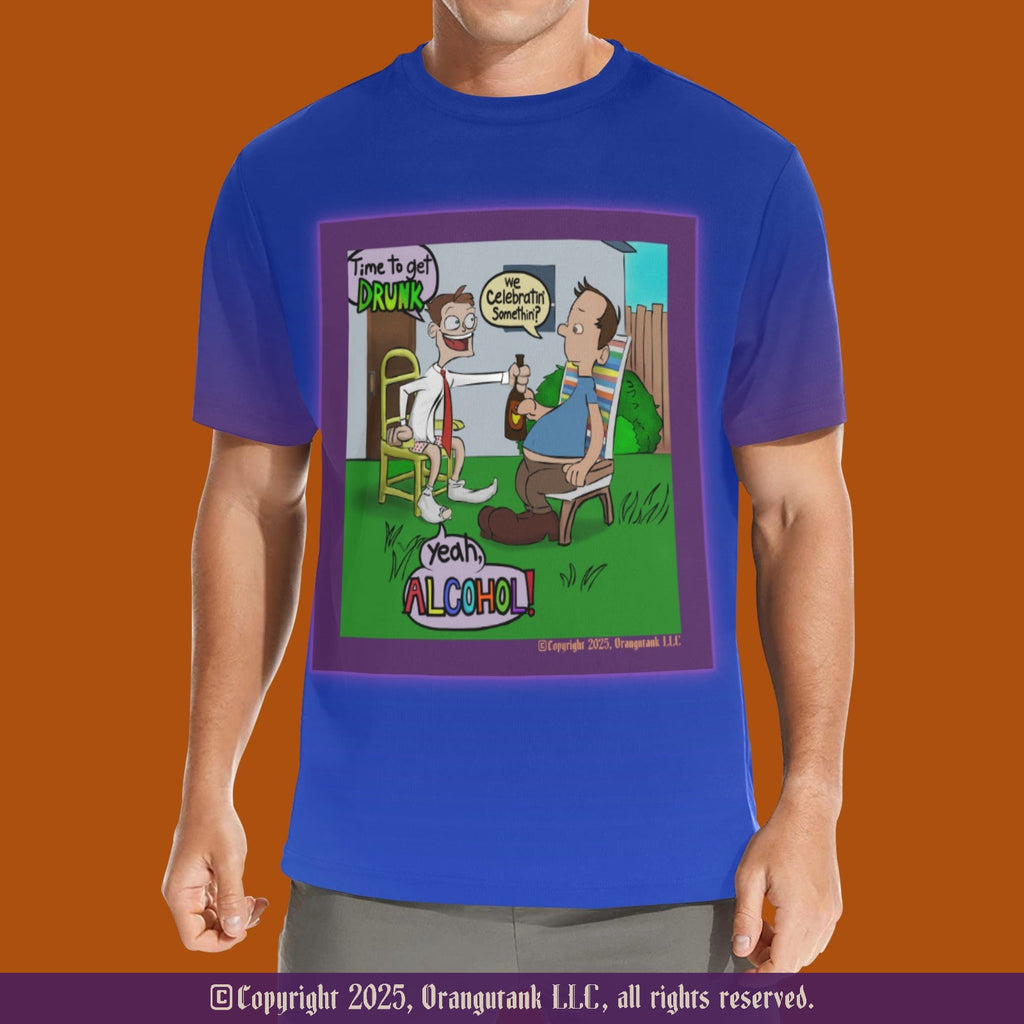 Blue t-shirt with a colorful graphic design on an orange background