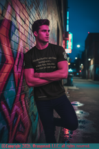 Man leaning against a colorful mural on a street at night