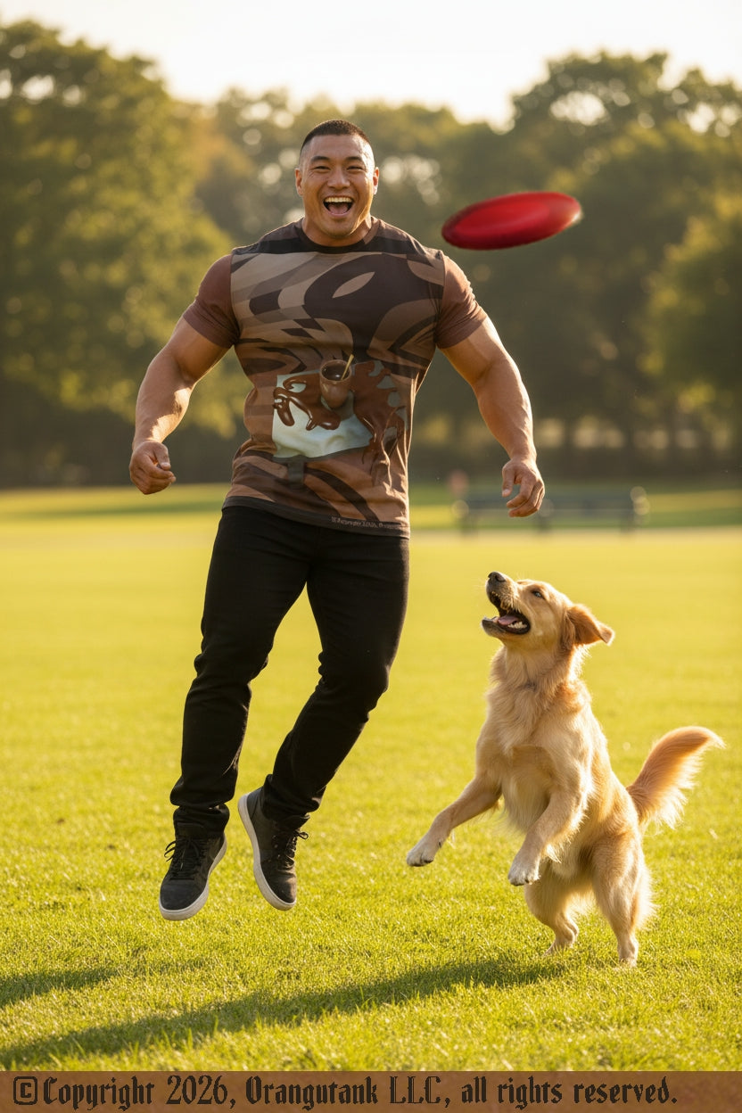 Man and dog playing with a red frisbee in a park