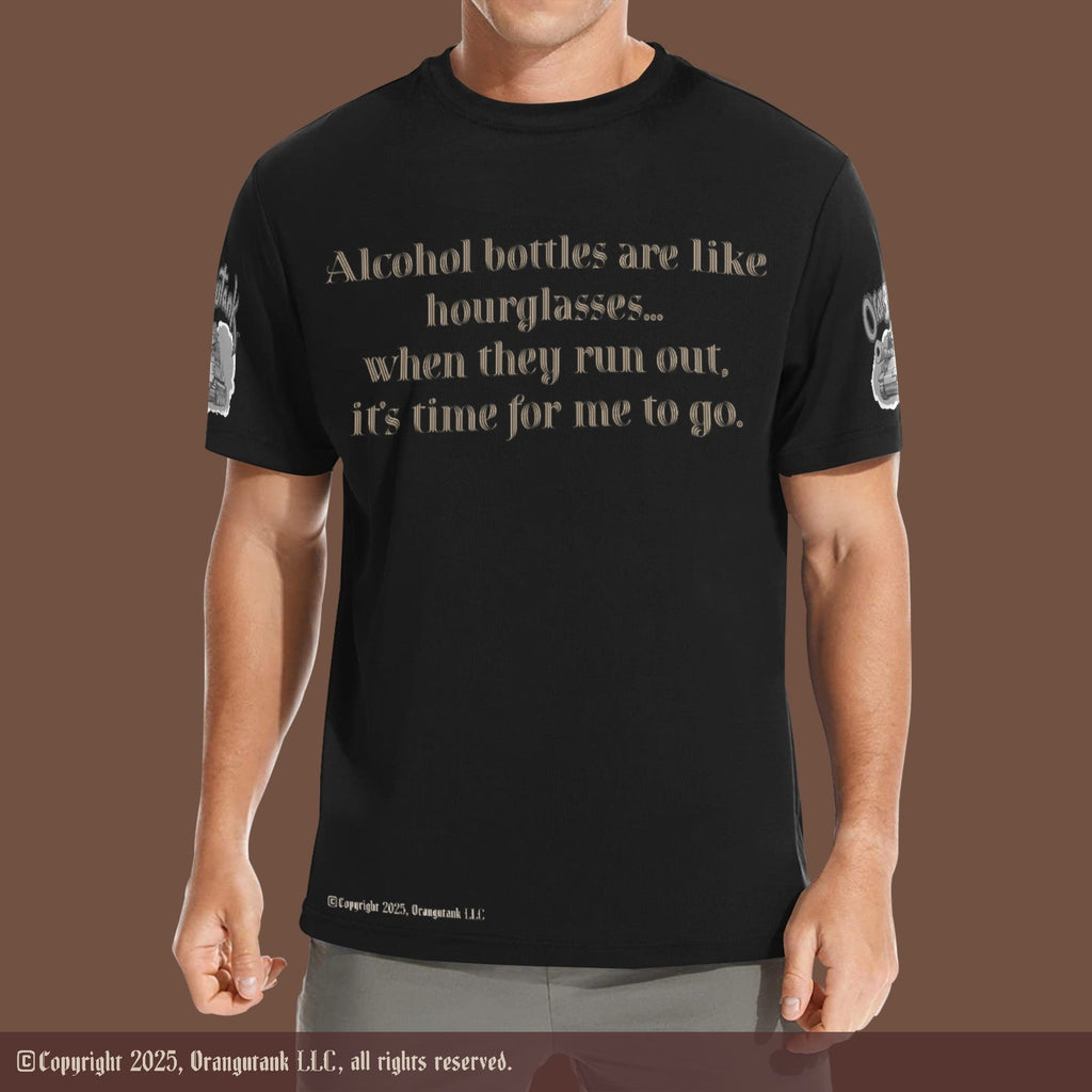 Black t-shirt with humorous text on a mocha background