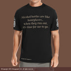 Black t-shirt with humorous text on a mocha background