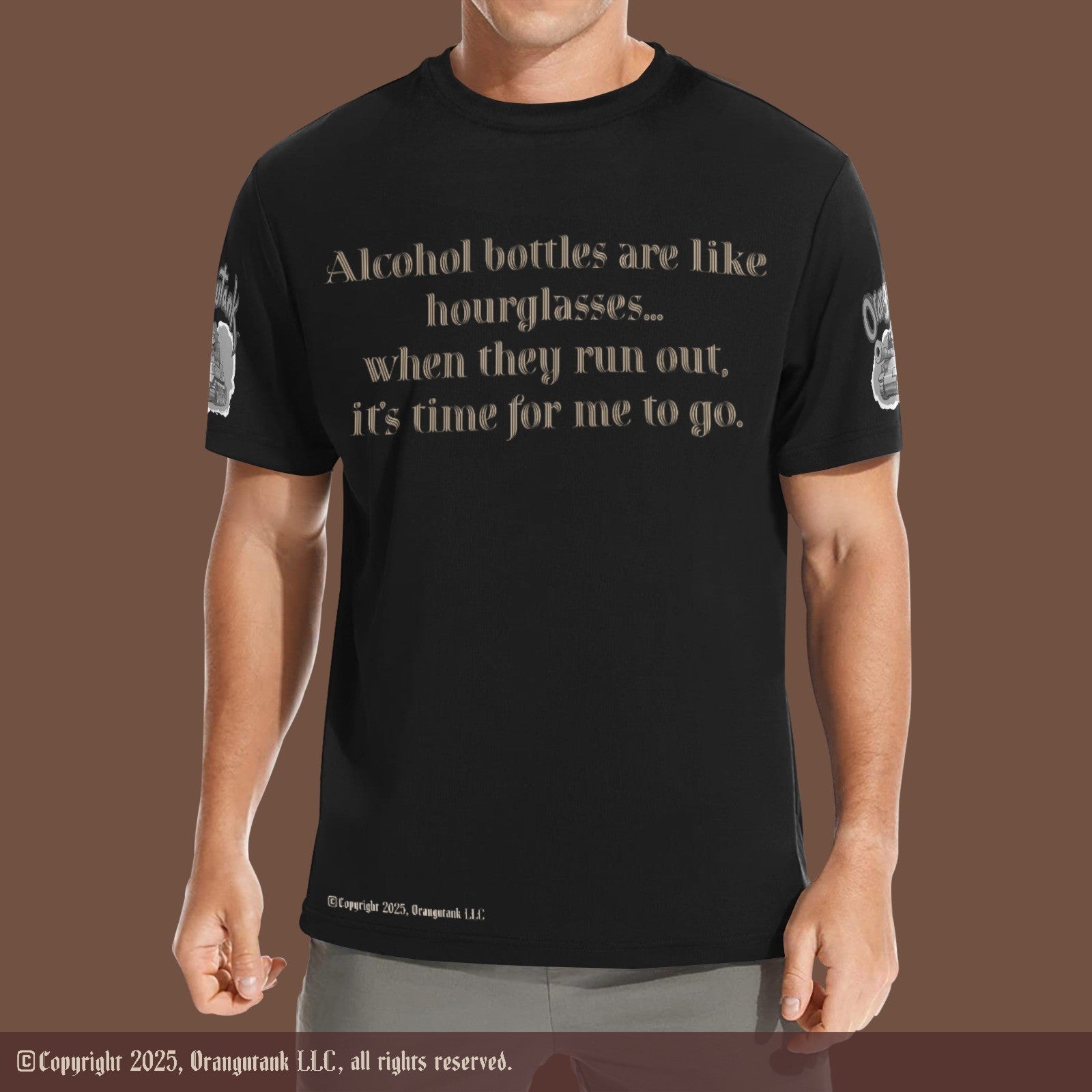 Black t-shirt with humorous text on a mocha background