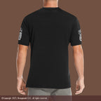 Black t-shirt with Black and White logo on sleeves on a mocha background