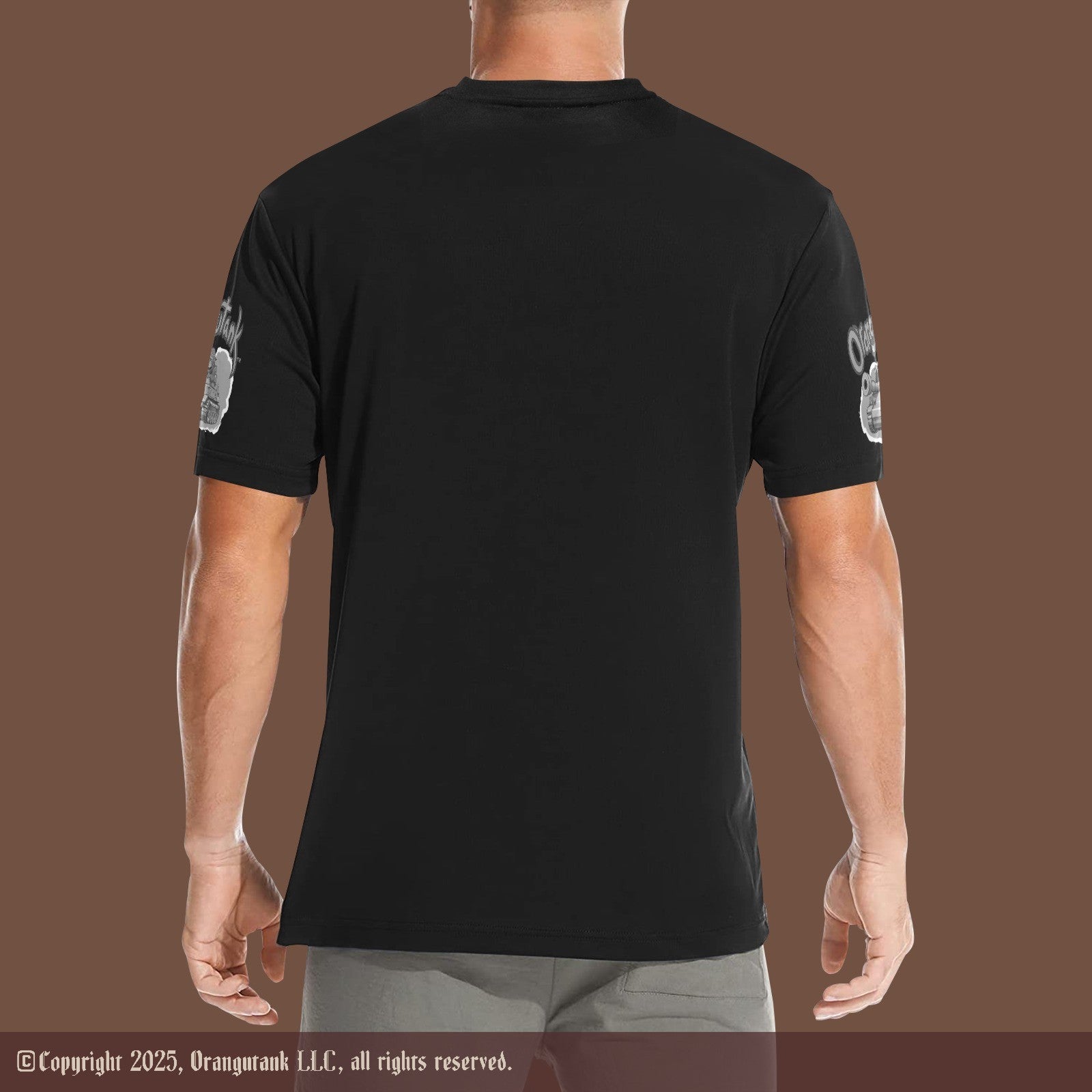 Black t-shirt with Black and White logo on sleeves on a mocha background
