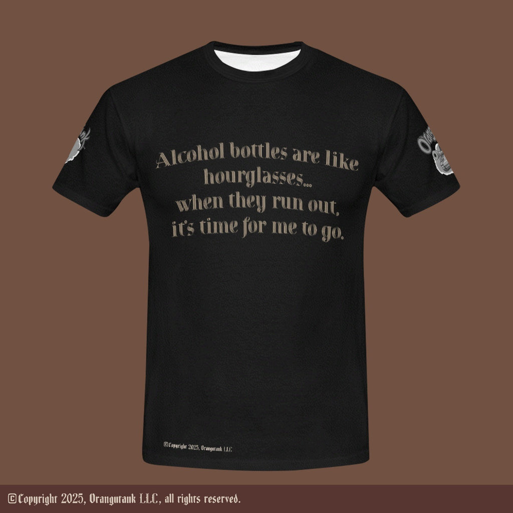 Black t-shirt with humorous text on a mocha background