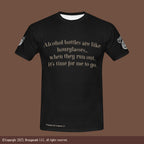 Black t-shirt with humorous text on a mocha background
