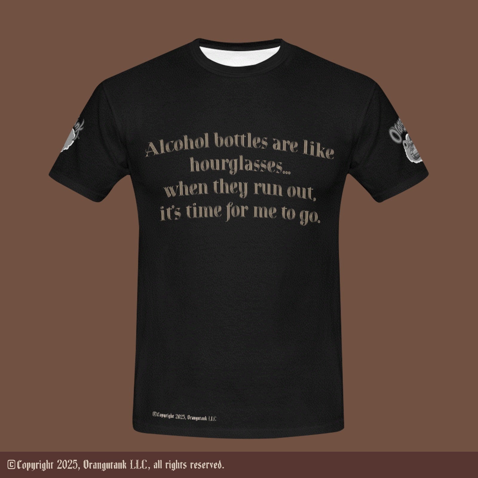 Black t-shirt with humorous text on a mocha background