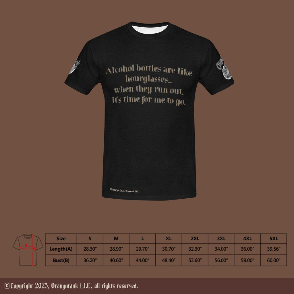 Black t-shirt with humorous text on a mocha background
