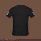 Black t-shirt with Black and White logo on sleeves on a mocha background