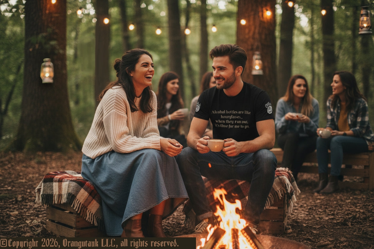 Group of people sitting around a campfire in a forest setting with string lights.