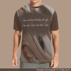 T-shirt with a coffee-themed design and text on a beige background