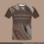 T-shirt with coffee design and text on a brown background