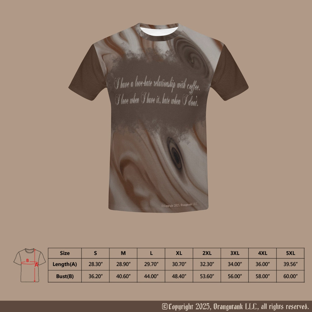 T-shirt with coffee design and text on a brown background, featuring a size chart.
