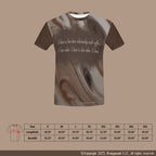 T-shirt with coffee design and text on a brown background, featuring a size chart.