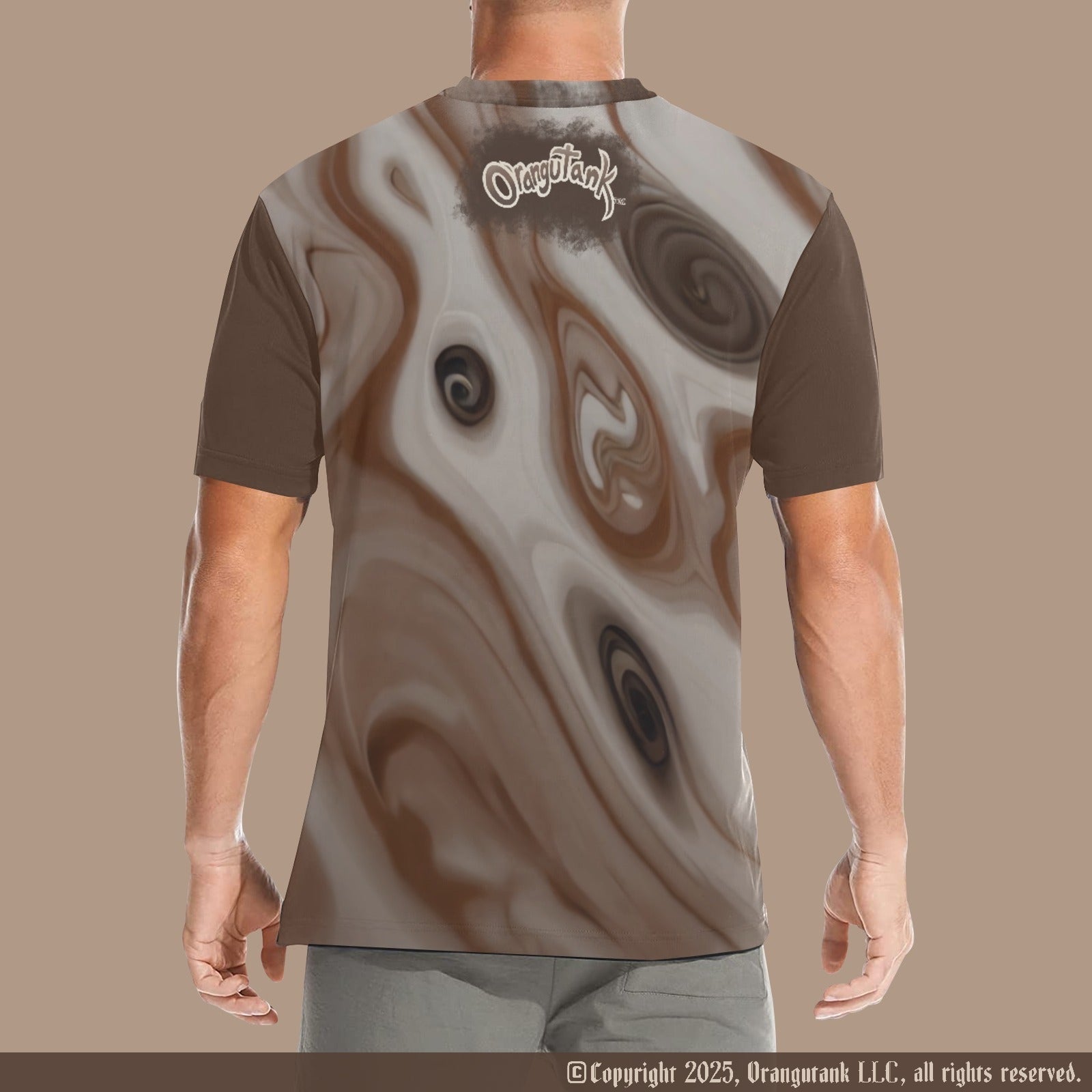 T-shirt with abstract design and brand logo on a beige background
