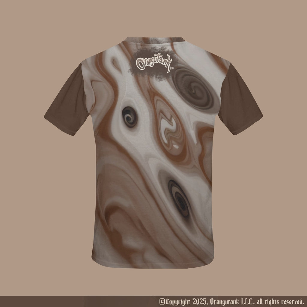 T-shirt with brown and beige abstract pattern on a beige background