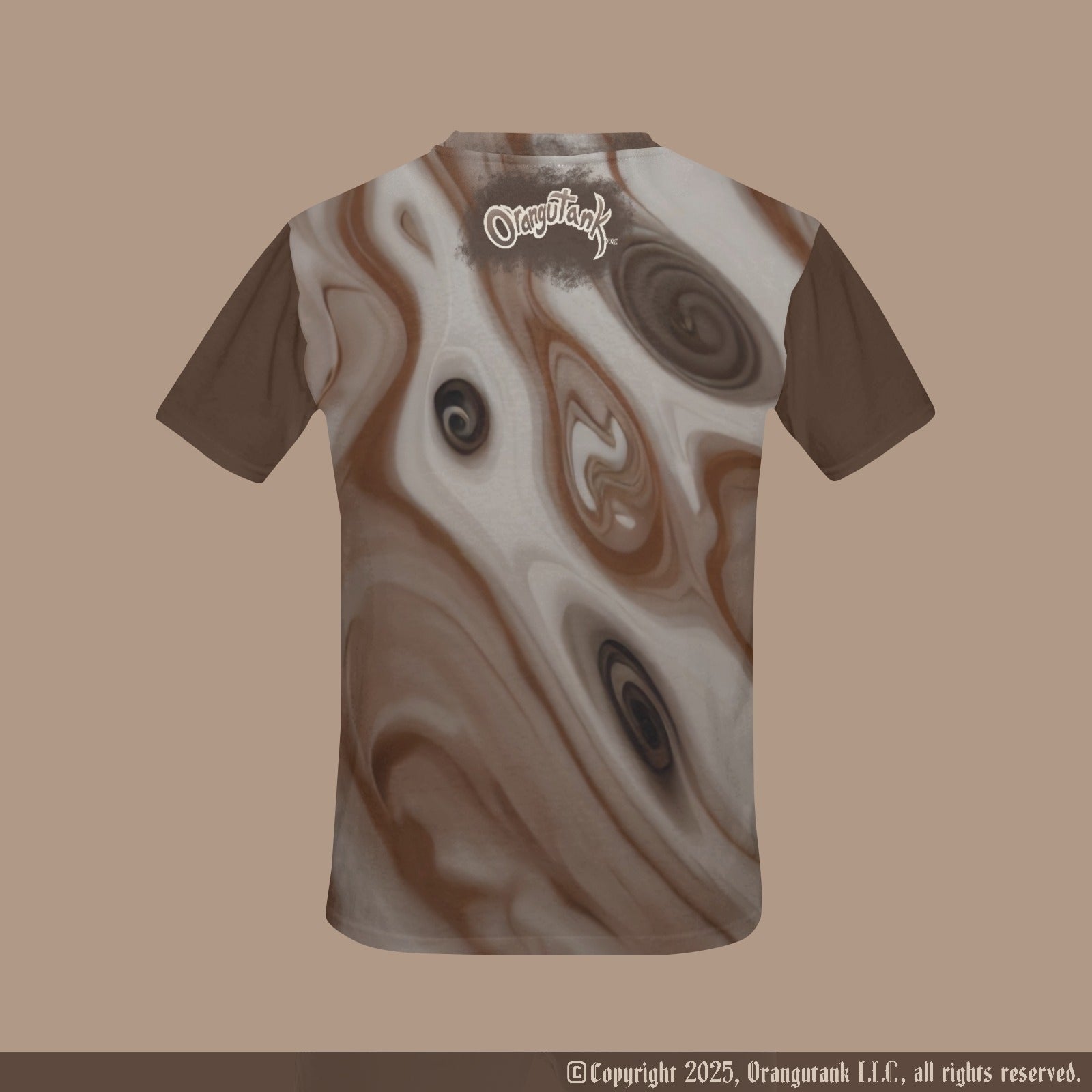 T-shirt with brown and beige abstract pattern on a beige background