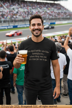 Man holding a beer at a race track event with cars and spectators in the background.