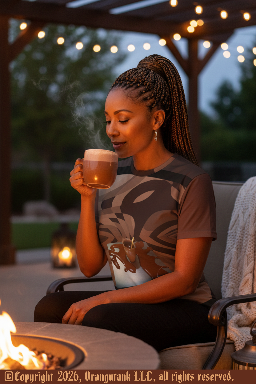 Woman sitting by a fire pit, holding a mug of hot chocolate, with string lights in the background.