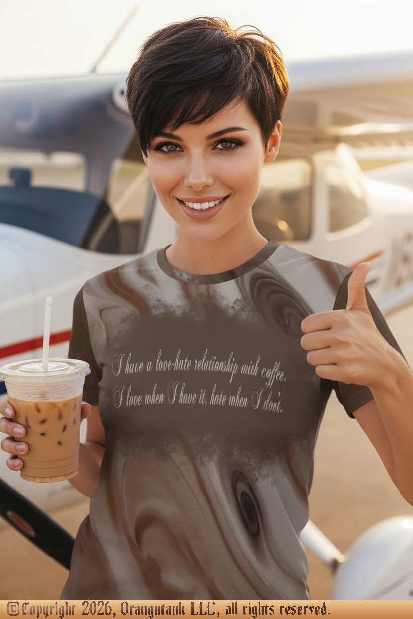 Woman holding a drink and giving a thumbs-up in front of a small airplane.