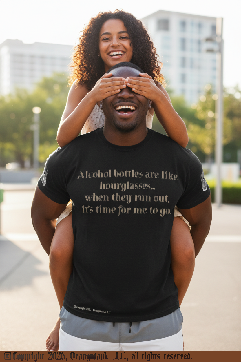 Man wearing a black t-shirt with text, being piggybacked by a woman outdoors.