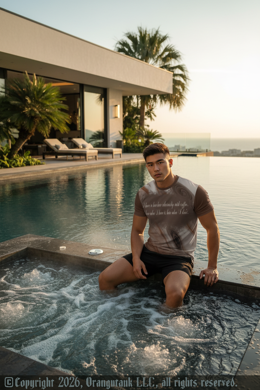 Man sitting in a hot tub by a pool with a modern house and palm trees in the background.