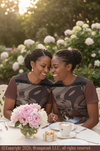 Two women sitting at a table outdoors with flowers and tea, surrounded by greenery.